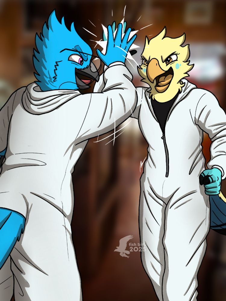 A corvid character in glasses high-fives a parakeet character, both in jumpsuits after cooking a batch in their mobile laboratory much like that high-five scene between Walt and Jesse in Breaking Bad.