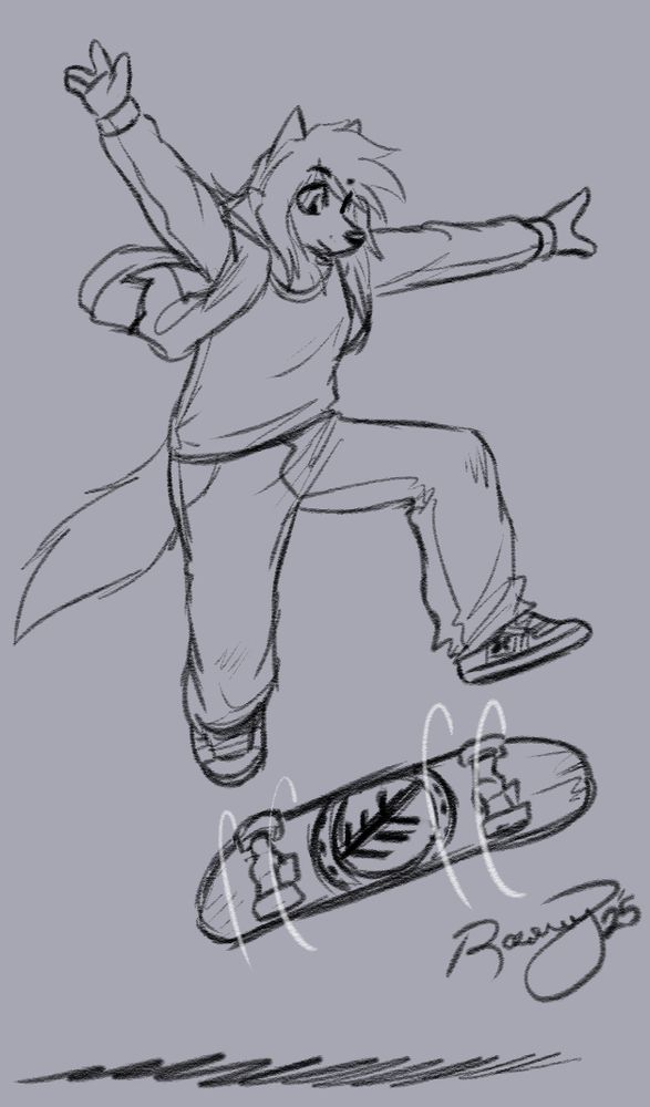 An Anthropomorphic wolf doing a kickflip on a skateboard with an Element brand graphic on the skateboard deck.