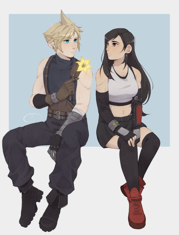 cloud and tifa from final fantasy 7 sitting side by side against a blue background. cloud has a reunion flower in his hand to give to tifa.