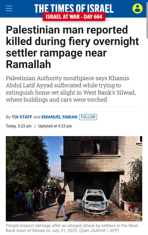 Times of Israel article with the headline "Palestinian man reported killed during fiery overnight settler rampage near Ramallah" and the subheading "Palestinian Authority mouthpiece says Khamis Abdul Latif Ayyad suffocated while trying to extinguish home set alight in West Bank’s Silwad, where buildings and cars were torched"
