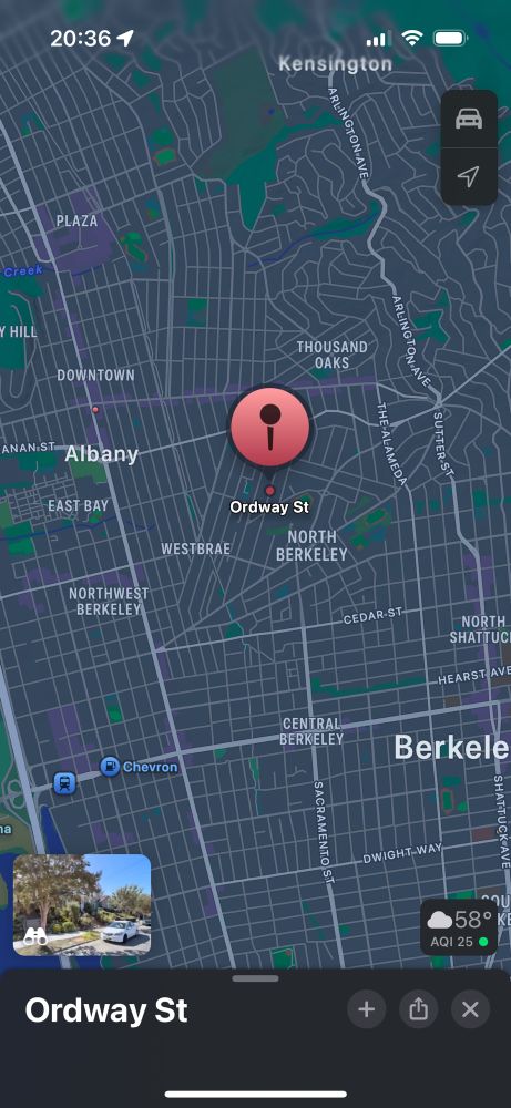 A screen shot of a map showing Ordway Street in Albany and Berkeley, CA