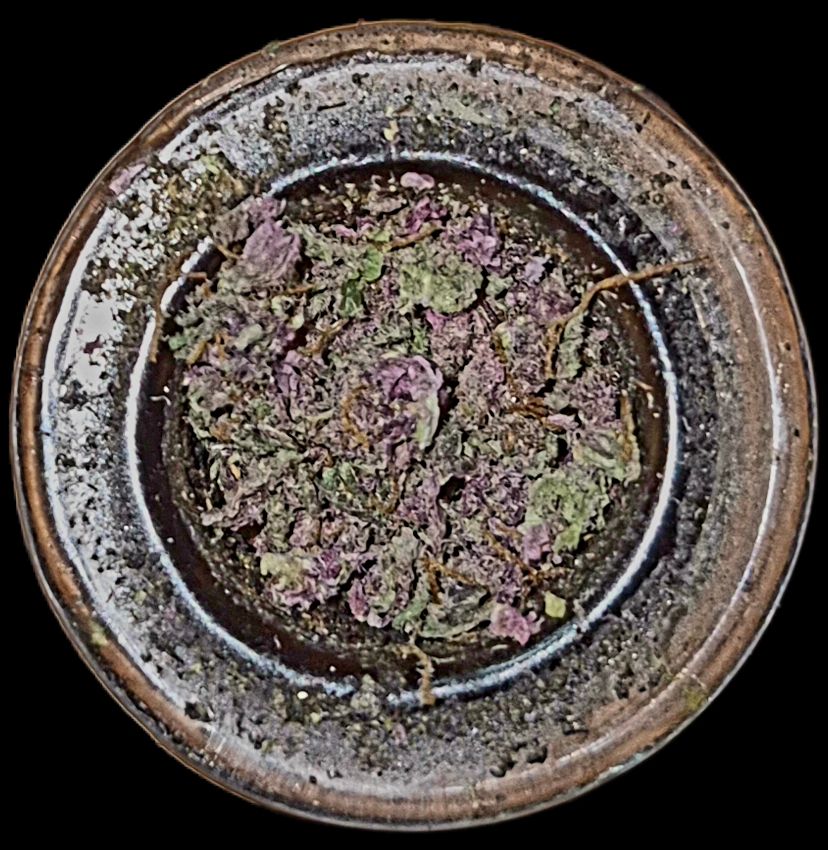 A close-up of a single cannabis flower, dense and sculptural like a miniature forest canopy. The bud is conical, tapering upward with layered calyxes that curl and cluster like mossy petals. Its coloration is a tapestry of deep forest green, flecked with bursts of violet and rust—each hue a whisper of its genetic lineage and curing process. Fine orange pistils thread through the surface like copper filaments, tangled and expressive, hinting at maturity and potency. The entire surface is dusted with trichomes—tiny, translucent glands that glisten like frost or crushed sugar crystals under light. These resinous domes catch the eye with their shimmer, suggesting psychoactive power and botanical alchemy. The texture is sticky yet brittle, a paradox of softness and crunch, with a scent that evokes pine, citrus, and something faintly skunky—earthy and primal. This is not just a flower; it’s a botanical spell, a concentrated bloom of chemistry, ritual, and sensory invitation.