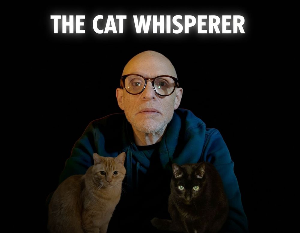 An image with the text "THE CAT WHISPERER" centered at the top in glowing white letters against a black background.
Below the text is a portrait of a middle-aged, bald man with a short, gray beard. He is wearing dark-rimmed glasses and a dark blue or teal hooded sweatshirt. He has a serious or neutral expression and is looking directly at the viewer.
Two cats sit in front of him, flanking his body. On the left is a medium-sized, orange tabby cat, looking slightly off-camera. On the right is a large, black cat with piercing green eyes, looking directly at the viewer. Both the man and the cats are sharply lit from the front, contrasting strongly with the surrounding deep black background.
The overall image composition, lighting, and typography resemble a dramatic movie poster.
