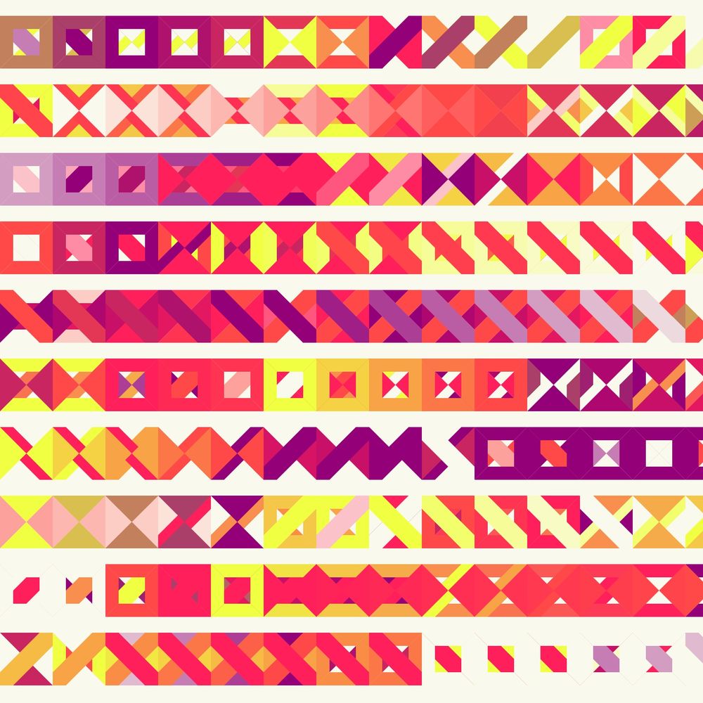 Generative artwork with rows of geometric shapes—squares, diamonds, and triangles—in a grid. Colors include red, magenta, yellow, orange, and purple on a light beige background.
