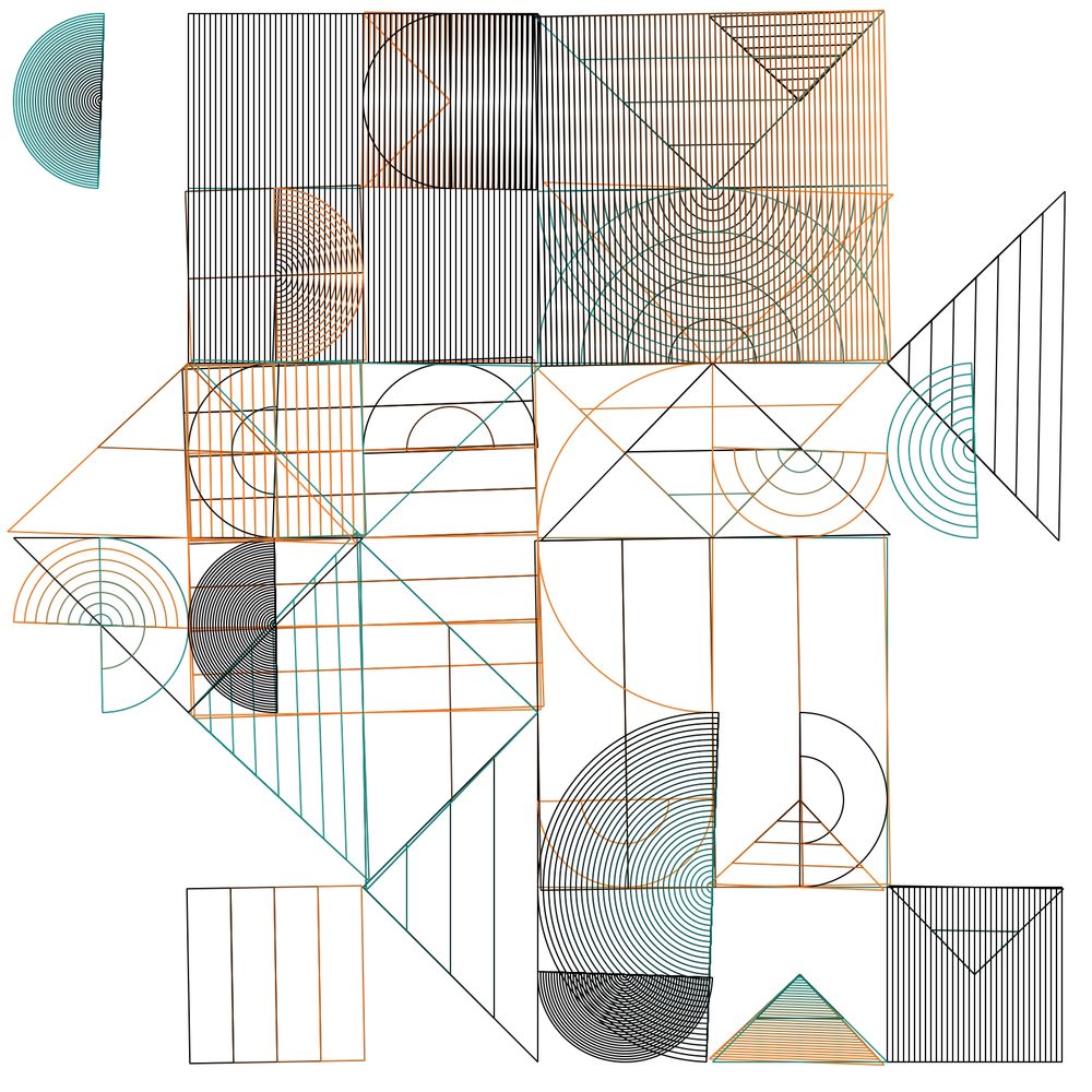 Minimalist grid of linear geometric patterns in teal, orange, and black, featuring semicircles, triangles, and rectangles arranged in a loose but balanced composition.
