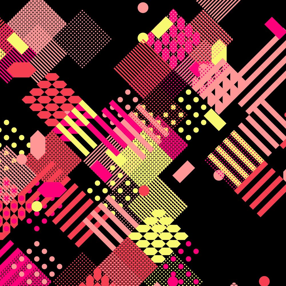 This artwork features a grid-like structure with intersecting geometric patterns. It has a black background adorned with bright pink, vivid yellow, and soft red shapes, including rectangles, circles, and lines, creating a dynamic and visually engaging composition.