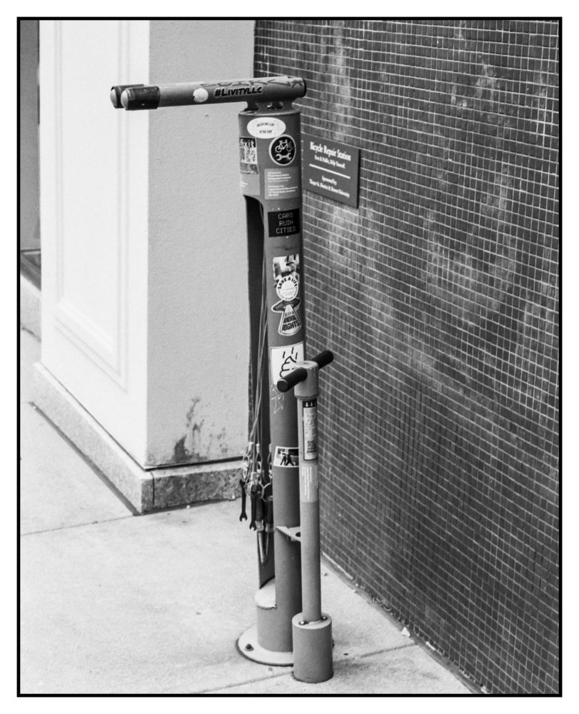 Bicycle repair station that is in a bit of disrepair. The pump stopped working almost immediately and was never fixed, most of the tools are there but it's the sockets that are one of the better parts of it. 