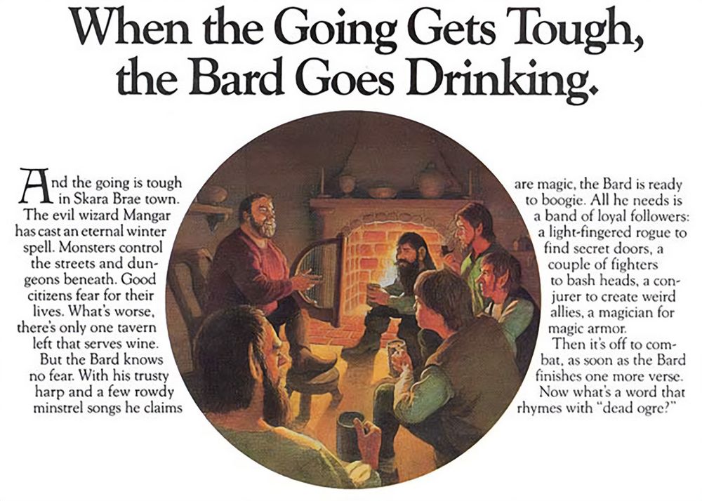 Ad for the Computer RPG the Bard's Tale.  Lot of text about the game and an image in the center with a bard playing a harp in an inn with a crowd.