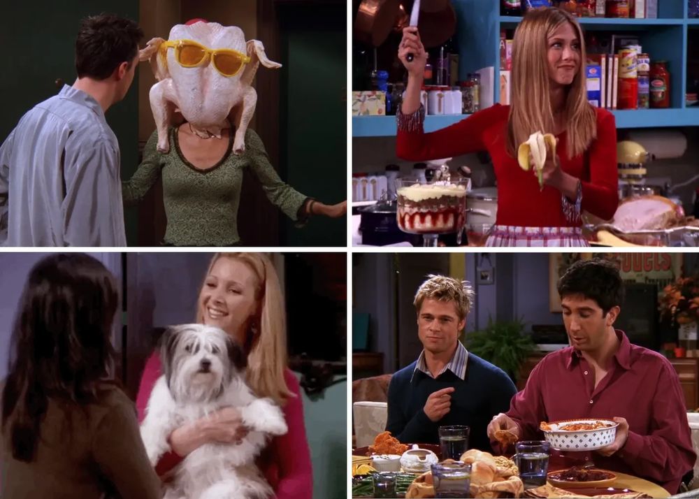 4 screenshots from Thanksgiving episodes of the TV show, Friends.