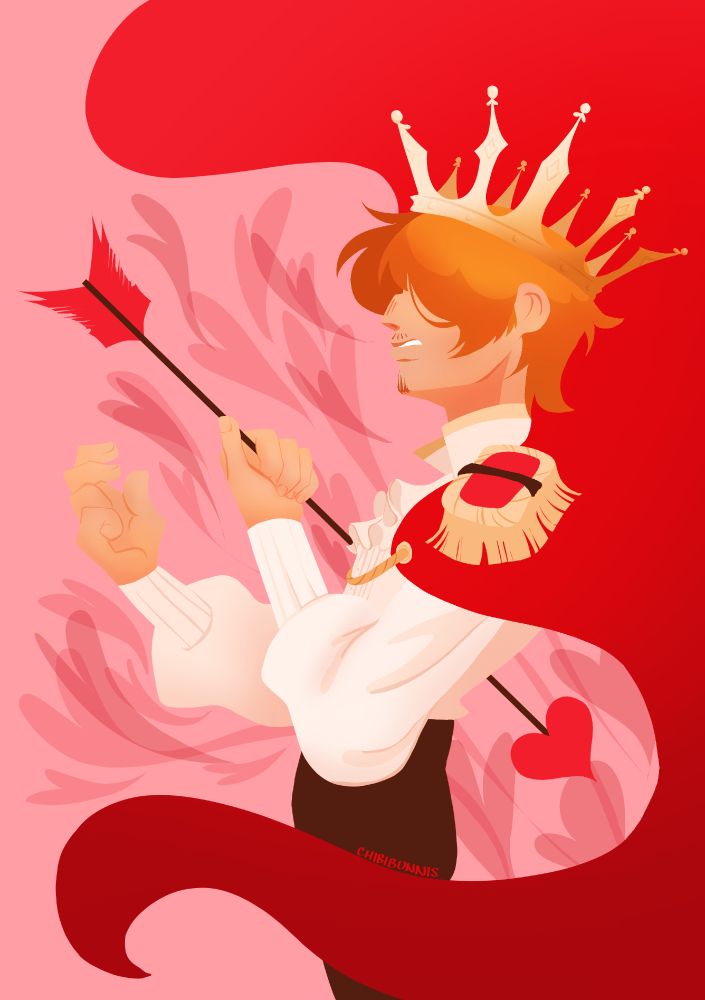 a dtiys of sanji by @/roci0! the illustration depicts the side view of sanji in an outfit that resembles his outfit on whole cake island; he has a white shirt with a ruffled cravat and dark pants, his red cape billowing behind him. he wears a tall crown atop his head, and his eyes are covered by his hair. an arrows with a heart-shaped hip pierces through him as his hands seem to be the one holding it in place.
