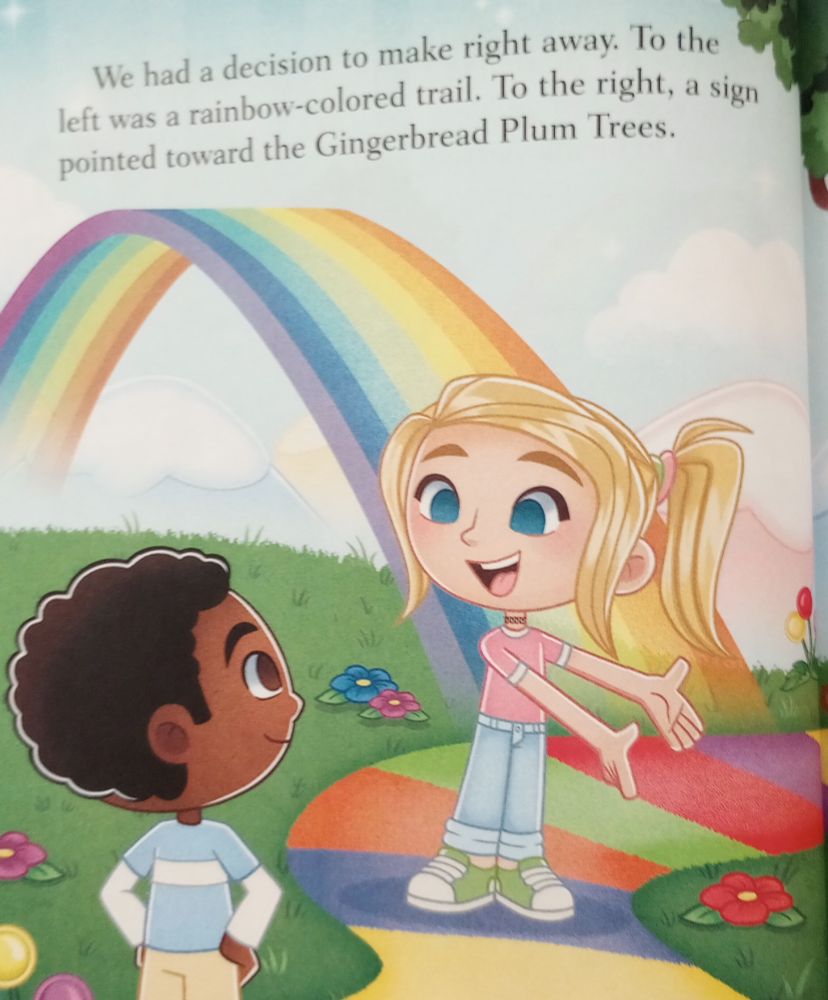 A page from the Candyland book showing two characters at a crossroads with the text "We had a decision to make right away. To the left was a rainbow-colored trail. To the right, a sign pointed toward the Gingerbread Plum Trees."