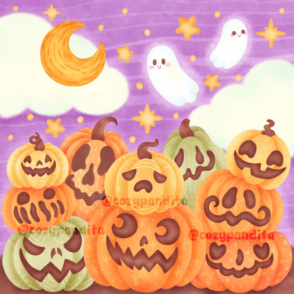 The illustration consists of a spooky purple night sky haunted by friendly ghosts and filled with many stars. A crescent moon shines upon a pumpkin patch of silly, frightened, chilling and spooky jack-o-lanterns!