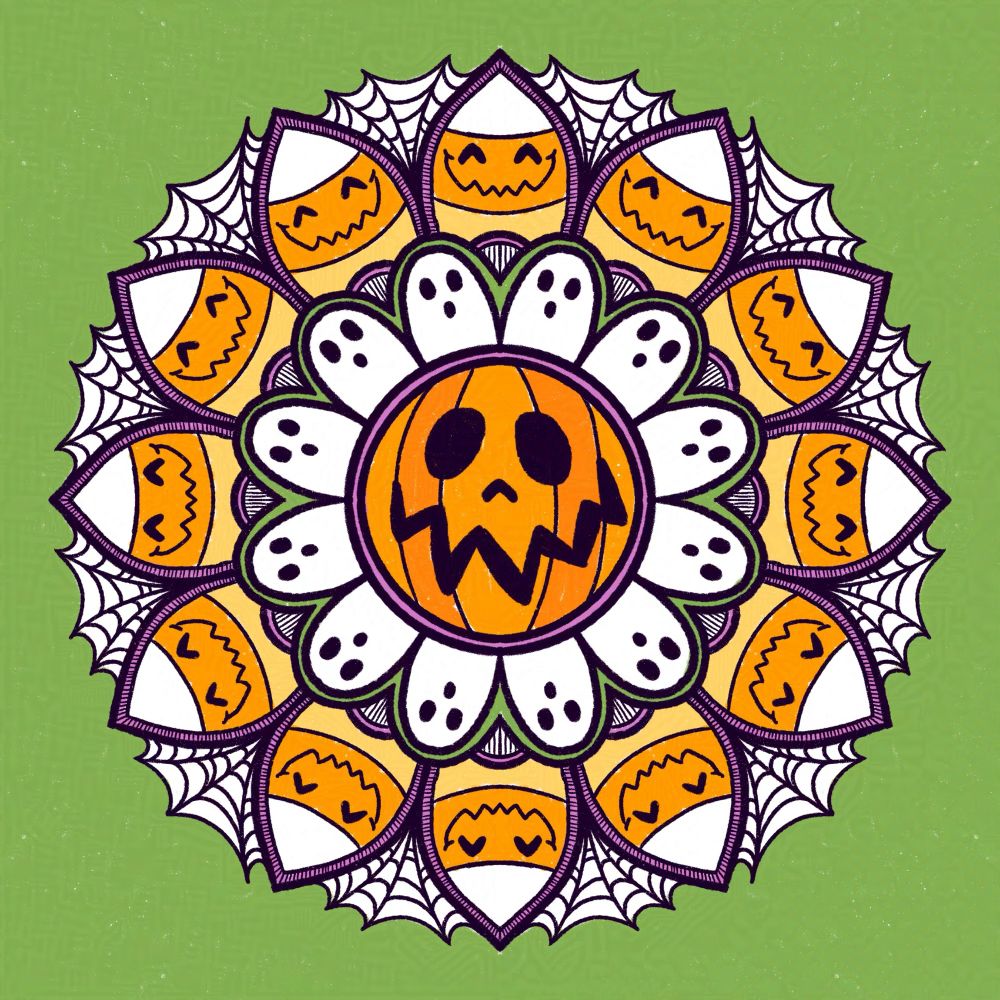 A spooky, halloween mandala. At its center a jack-o-lantern face surrounded by ghost petals followed by candy corn petals with cobwebs in between. 