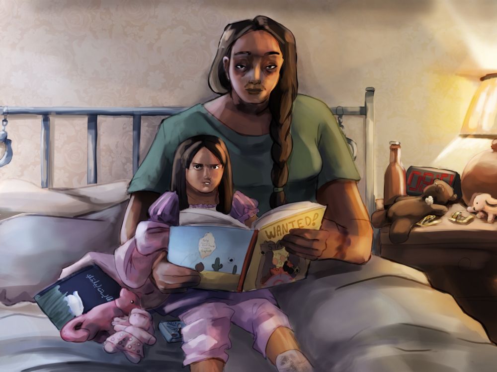 A very tired mother reading to her daughter 