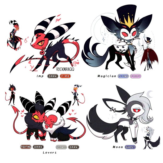 Set of 5 fan pokemon eeveelutions based on Helluva boss characters- Top left is and eevee based on Blitzo, the top left is Stolas, the bottom left is Millie and Moxie cudling, and the bottom right is Loona.