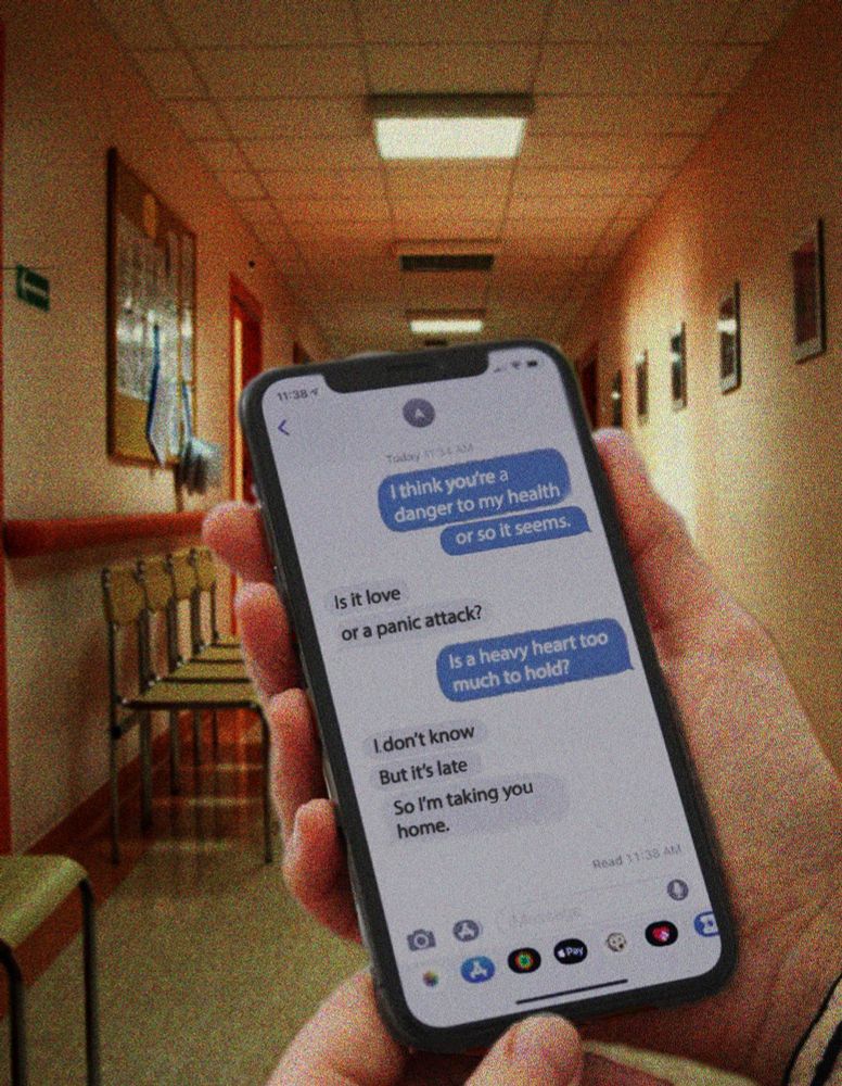 Iphone open on iMessages with hospital waiting room background, text messages read the lyrics of panic attack by Halsey “I think you’re a danger to my health or so it seems. Is it love or a panic attack? Is a heavy heart too much to hold? I don’t know but it’s late so I’m taking you home.”