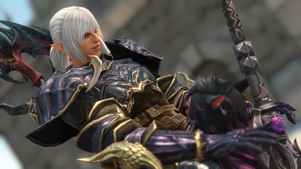 Closer shot of Estinien being lifted. He is smiling.