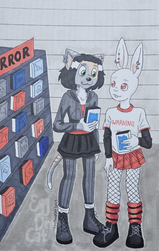 a marker drawing of my grey torbie cat fursona EggDrop and my albino rabbit fursona Shiro both standing in the horror section of a blockbuster, each holding a vhs tape box.