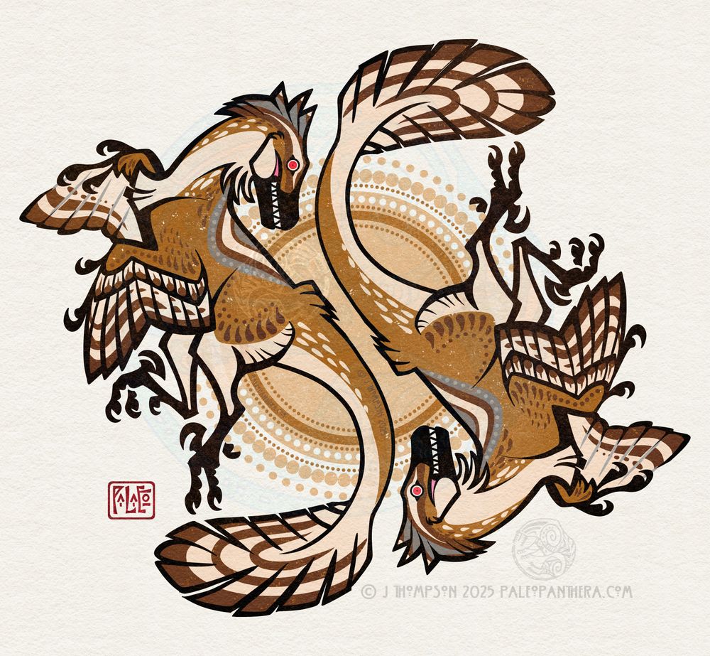 A pair of dromaeosaurs are spiraling back to back in a design reminiscent of the yin/yang symbol. The background is an abstracted sun build up in layers of tan and gold circles, rings, and dots. The dromaeosaurs have barred and dappled coloration similar to modern hawks and wrens.
