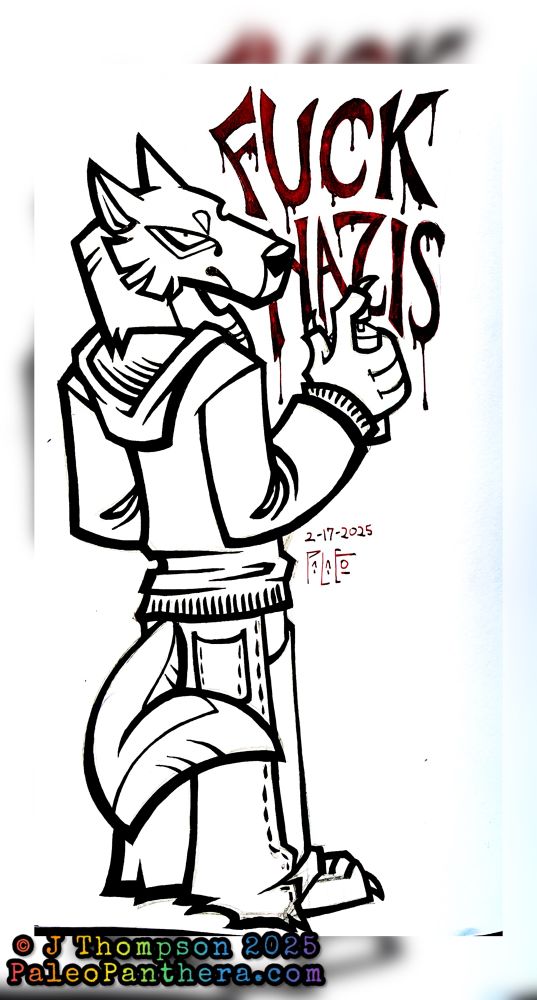 A drawing where an anthro wolf has spray painted “Fuck Nazis” on a wall and is looking over his shoulder with a hard eye toward the viewer. 