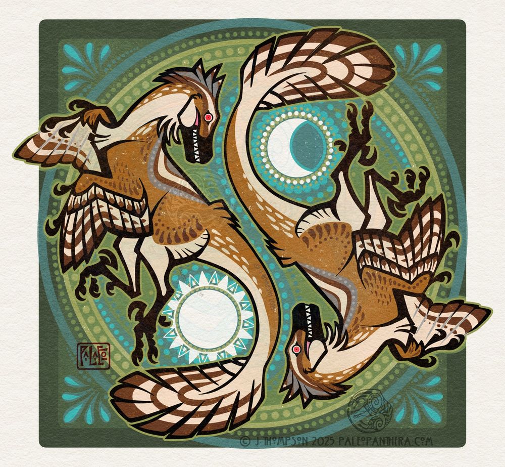 A pair of dromaeosaurs are spiraling back to back in a design reminiscent of the yin/yang symbol. The background is in shades of green and blue to form an abstracted forest sky. In the curve of each dromaeosaur's tail is a sun and moon design respectively. The dromaeosaurs have barred and dappled coloration similar to modern hawks and wrens.