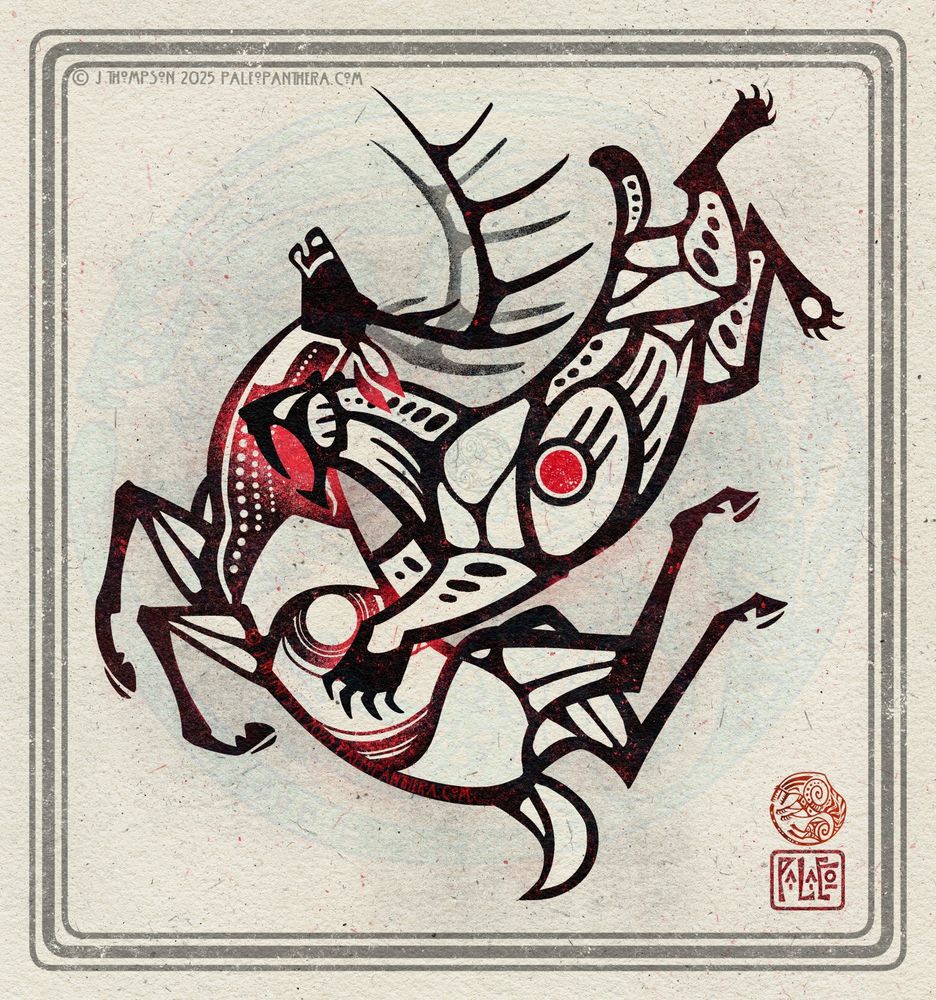 Digital art of a Smilodon hunting a white tailed deer buck. Both figures are drawn as if they were petroglyphs. The Smilodon is pouncing the deer while the deer's rear legs twist to the opposite side of its body. This twisting leg direction signifies a dead or dying animal in Scythian art which also has influences on this piece.