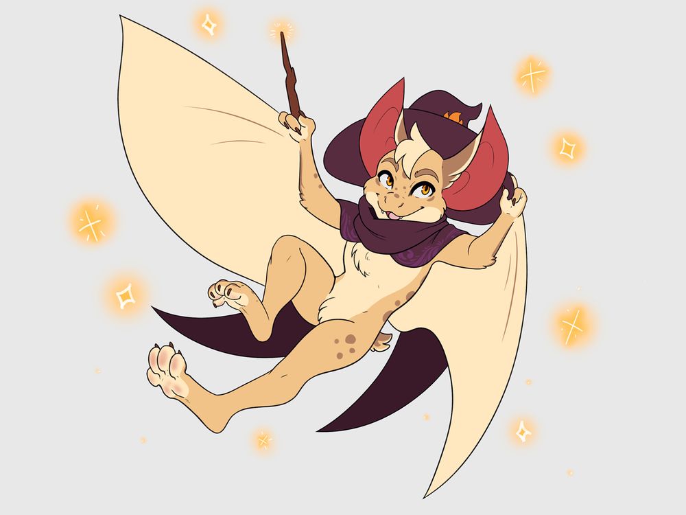 Image depicts an anthro pale yellow bat wearing a wizard hat and cowl and holding up a faintly glowing wand in one hand.