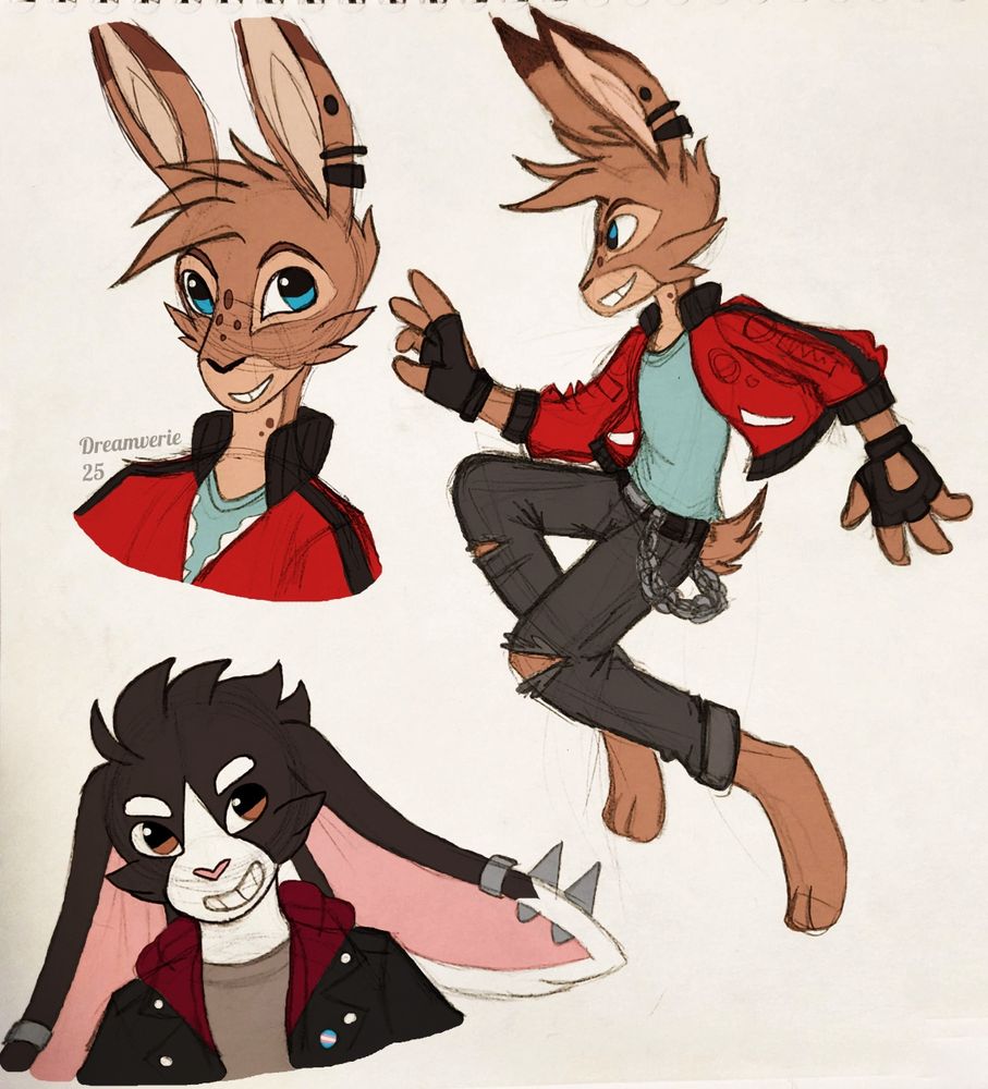 digitally colored pencil sketches of Jax and Ace, a hare and a rabbit. Jax is depicted in a red racing jacket as he strikes a reaching-out jump pose. Ace is the lop rabbit wearing a red hooded black jacket, smiling in the bottom corner. On his lapel is a trans flag pin.