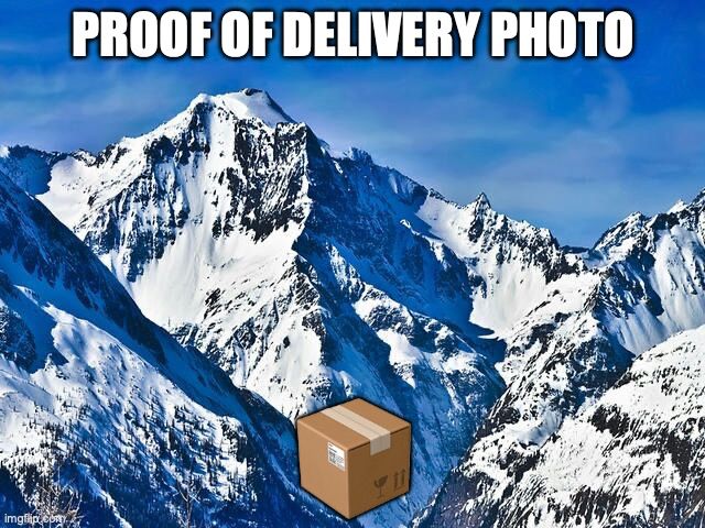 an icon of a parcel sits on a mountain range, with the caption: ``Proof of delivery photo''