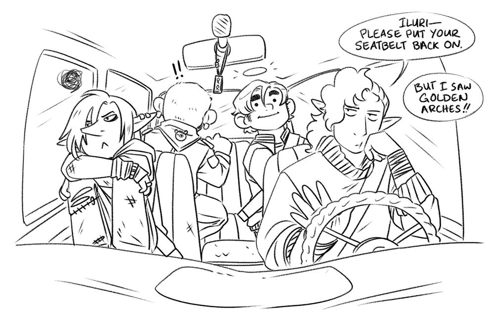 Ravenno, Ethan, Iluri, and Aluin in a vehicle. Ravenno is driving because, for better or worse, they are older than the collective age of all of their companions, who are represented here as teens / young adults. (Iluri boyscout, Ethan sportsball team captain, Aluin punk ass goth)
Ravenno & Ethan belong to ravennowithtea.bsky.social
Aluin & Iluri belong to brinsonmarie.bsky.social
in image text:  (Ravenno) "Iluri-- Please put your seatbelt back on." (Iluri) "but I saw golden arches!!"