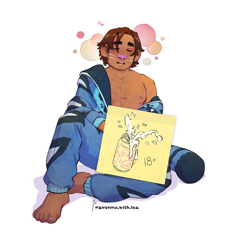 Illustration of artist's original character (OC) Ethan, seated, in a blue tiger kigurumi. A yellow sticky note with a sketch of an exploding soda can covers the center of the illustration, obscuring what his hands may be doing. Image is suggestive as no genitals or actual sexual activity is visible. The juxtaposition of imagery creates a suggestion of activity that is not actually being shown.