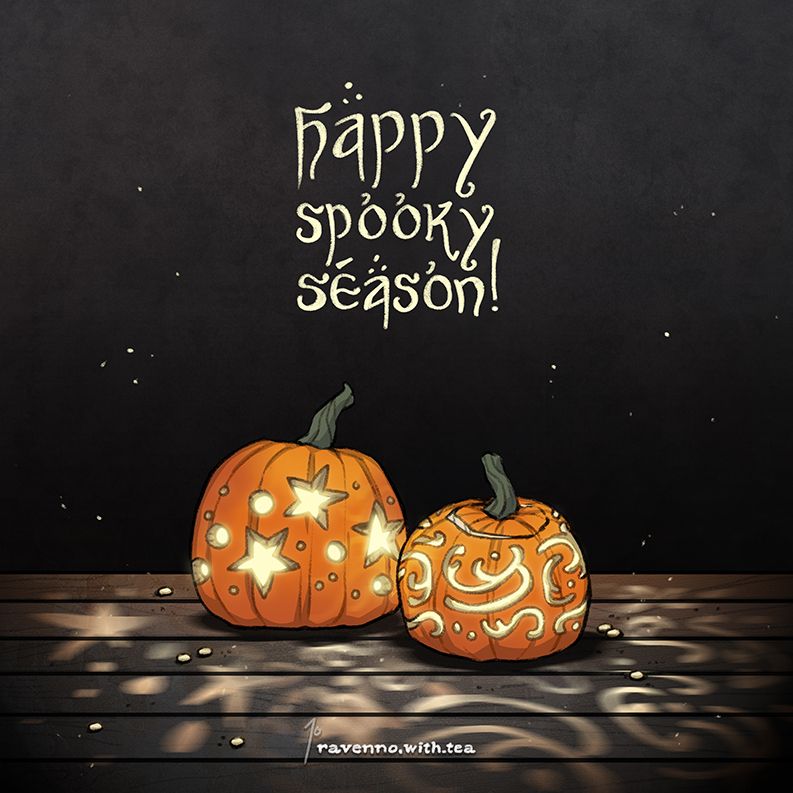 Illustration of Ethan and Ravenno's final pumpkins, next to one another, all lit up, in a now dark space. in-image text reads "happy spooky season!"
