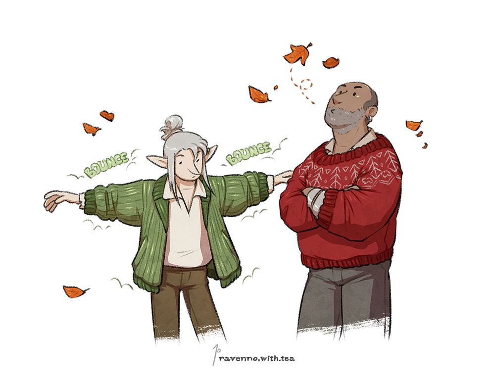 Iluri is wearing a red knit sweater, standing cross-armed, and blowing at some falling leaves contemplatively considering the change in weather. Aluin has arms out wide and is wiggling about, testing the weight and bounce of his new green cardigan.