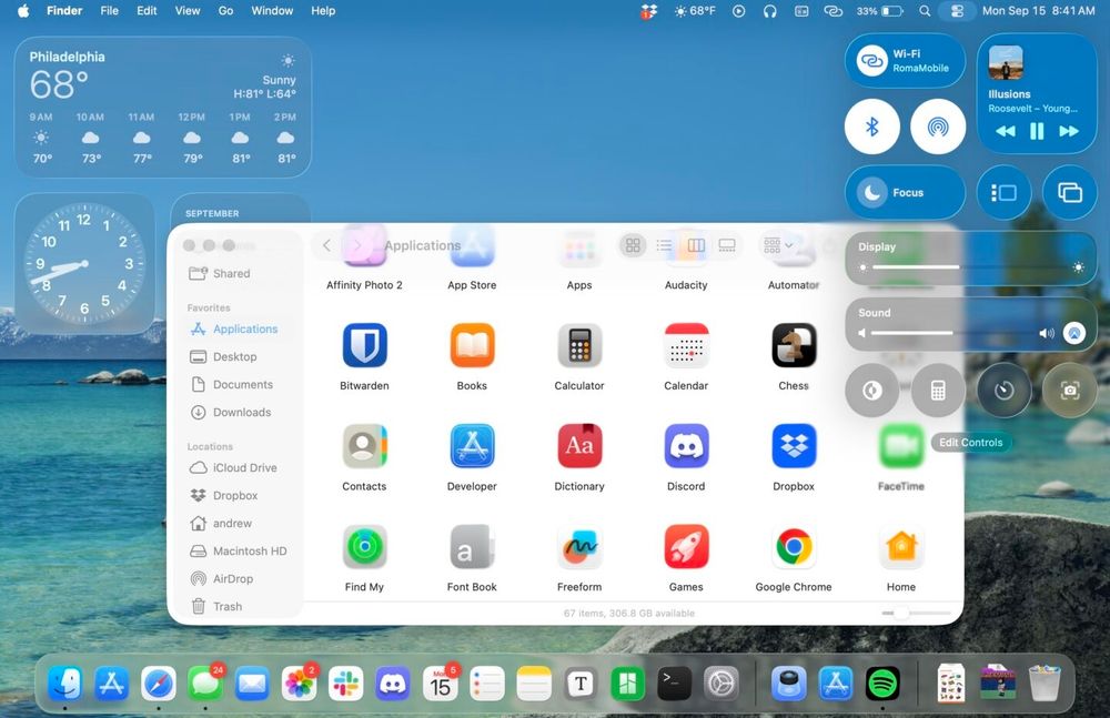 screenshot of liquid glass macOS 26 with a number of contrast ratio and usability challenges. some parts look okay, others (eg glass notifications on a white background) have a remarkably low contrast ratio