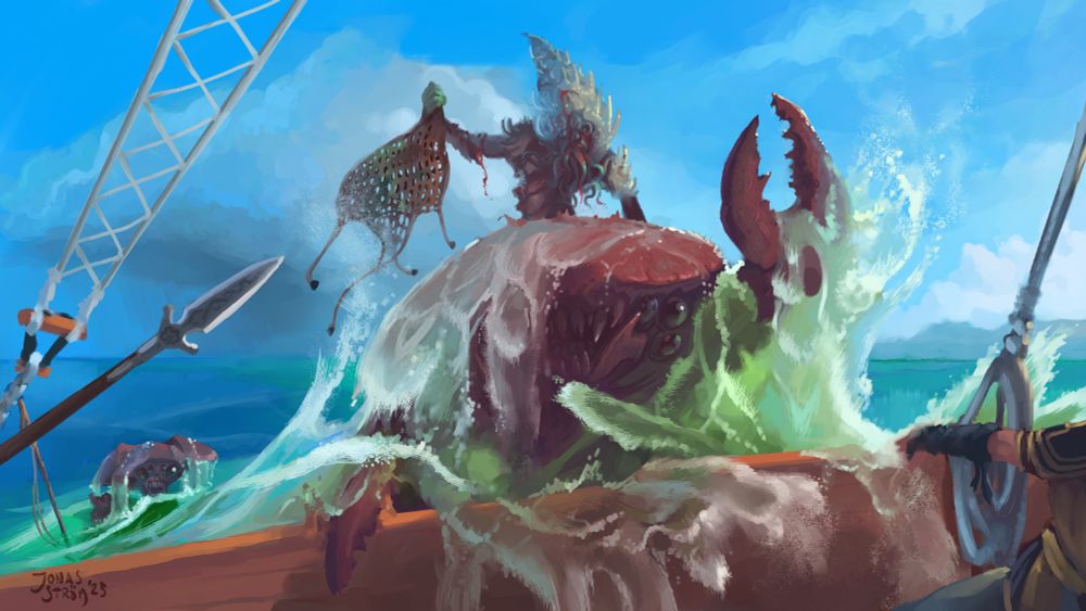 Creatures from the deep attack the boat of the High Rollers Altheya group. A crab like monstrosity crashes out of the sea, sending salty spray over Xantheus who covers in fear.