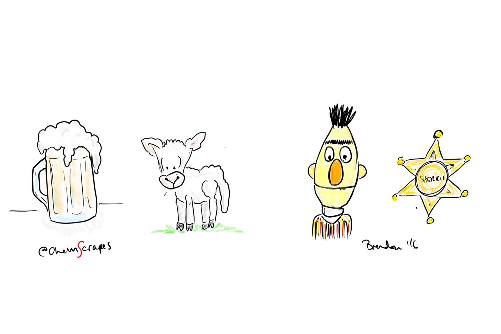 four pictures in a row: a mug of a frothy amber alcoholic beverahe in a mug, a baby sheep, a yellow, long headed muppet, and a sherrif's badge.   thsi is like a pictogram - have to figure out the chemistry concept with these in order.