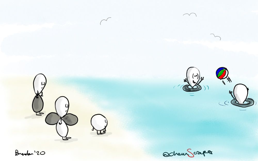 some atomic orbitals at the beach.  the d, p and s orbitals are all standing on the shore watching sadly as the d-z-squared orbitals play in the water.  the d-z-squared orbitals are using their doughnut shaped lobe as a flotation device.