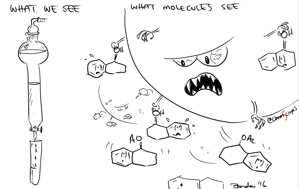 left hand side just shows a flash column dripping into a test tube. It is entitled "What we see".  The left hand side is chaos.  Giant silica beads with multiple armes, mouths and sharp teetch are hunting al molecules as they plow past.  they are much better at grabbing more polar molecules.  the less polar molecules look relieved they seem to get by.  The more polar moecules are obviously terrified.  The right hand image is entitled "What molecules see"