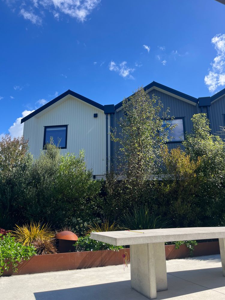 New townhouses in the background, just behind the fence. In the foreground is my patio with a large concrete table. Between the patio and the fence is a low planter with some taller trees at the back, trying to grow tall enough for some privacy