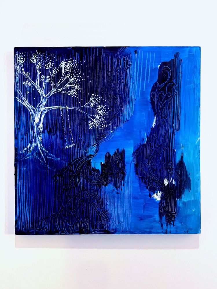 An acrylic painting by Suzanne Zimmerman. Dark and lighter blues comprise most of the canvas. Vertical scratches are etched into the paint. On the far right is a white tree with a wooden swing.