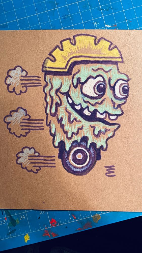 A drawing of a one wheeled slime monster by Mike Hales 