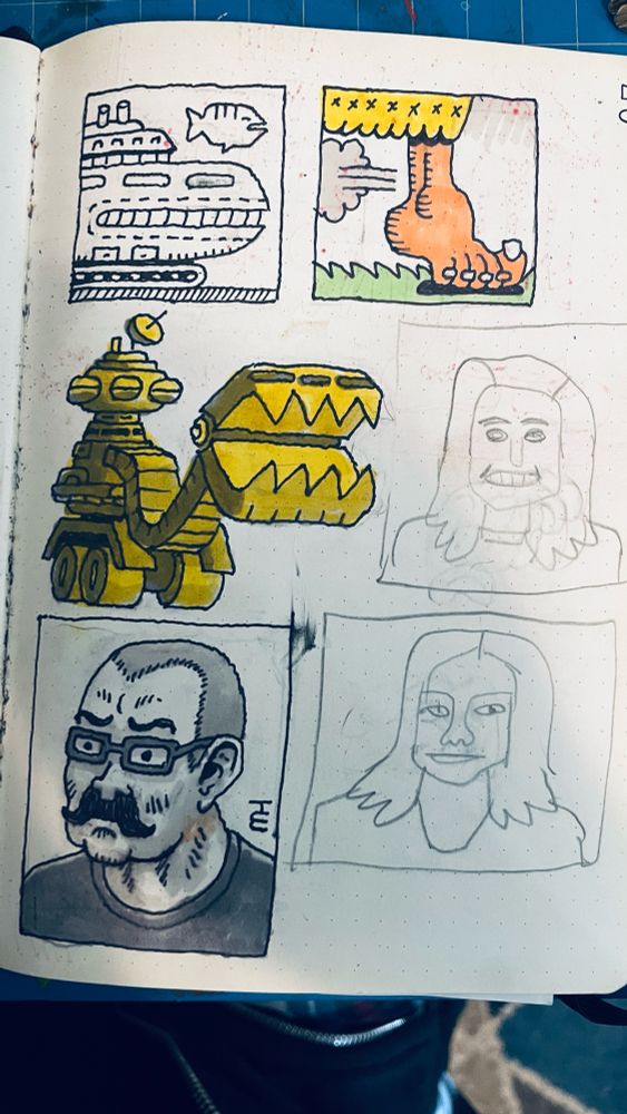 Sketches from a sketchbook: futuristic tank tractor, barefoot in the grass, and three portraits by Mike Hales 

