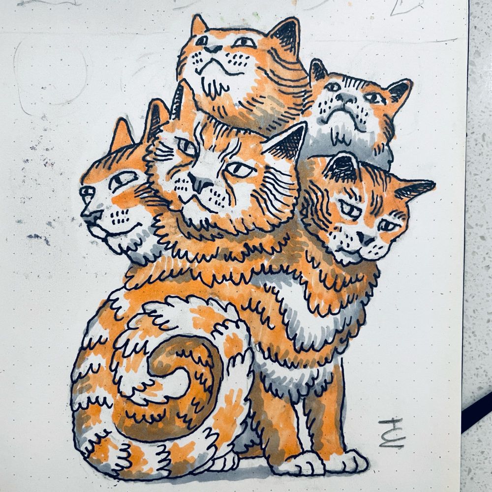 Drawing of a 5 headed cat by Mike Hales