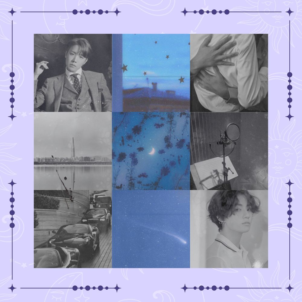 Image description
A 9 image koobi moodboard

three colour images in the center, a window covered in stars looking out over a blue evening sky, a night sky with a crescent moon, and a shooting star, all blue themed.

6 bnw images: hoseok in a three piece suit, seoul skyline, expensive cars in a traffic jam, someones hands holding someone else's back in a white shirt, a recording studio mic, and a photo of jungkook with fluffy hair and a white polo shirt.