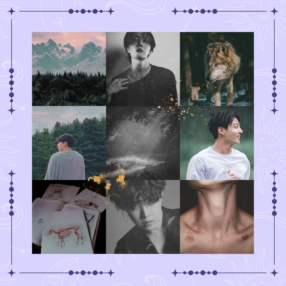 a 9 image moodboard

6 colour images: 2 shots of jungkook from in the soop 2, one where he has his back to camera, another where he runs in the rain in a long sleeve white shirt. one image of a brown wolf. one image of a forestscape with mountains in the background. one image of someones chest with two bites. one image of vetinary study materials.

three bnw images, two of hobi in black and white, and one of a forest floor with light shining on a clearing.