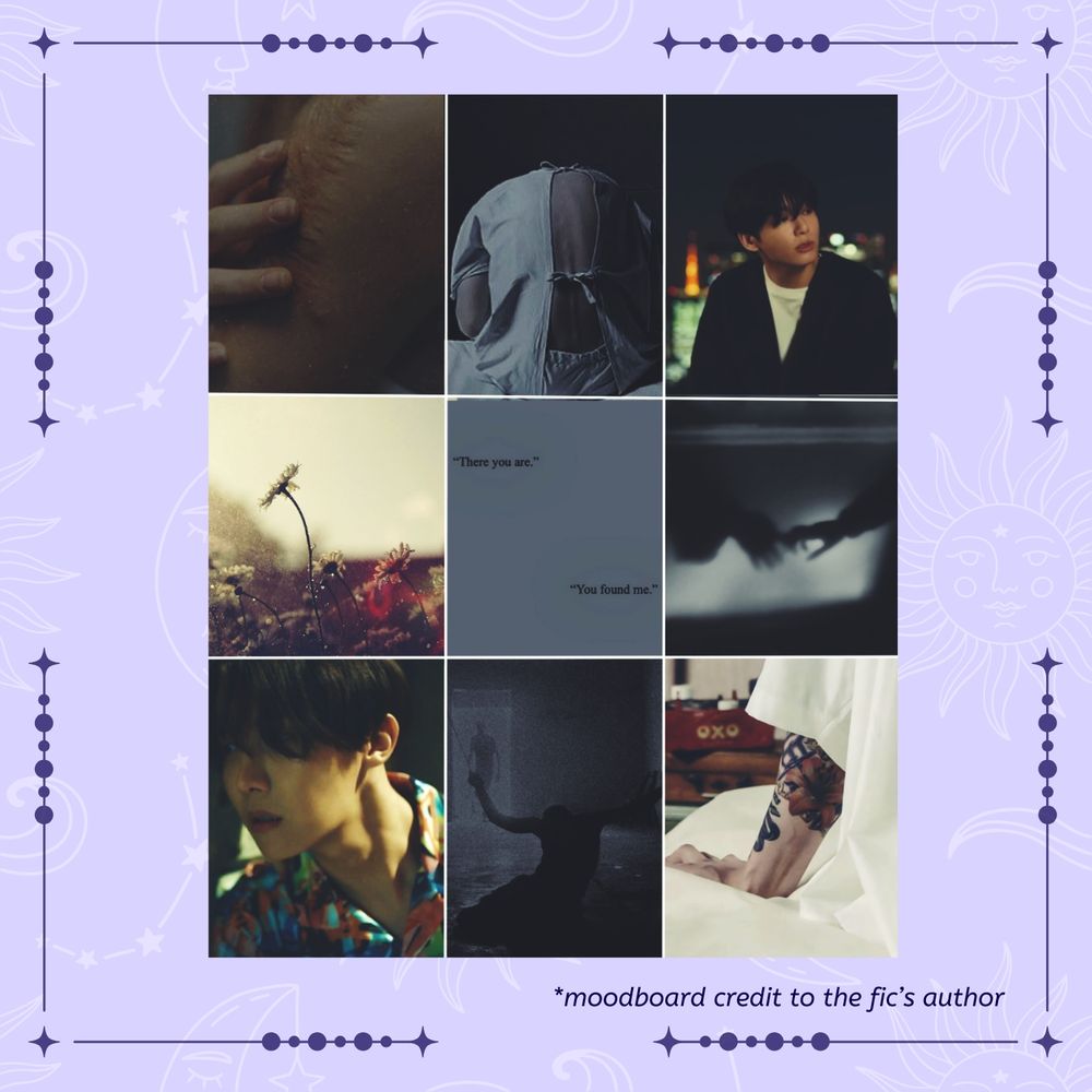 A 9 image, rectangular moodboard.

Images: Fingers gently touching a scarred person, the back of someone wearing a hospital gown that's slightly open at the back, but tied up, Jungkook from the hate you video, some wildflowers in a bokeh image, shadows of hands touching, hoseok in a colourful shirt with hair in his face, and a close up of Jungkook's tattoos.