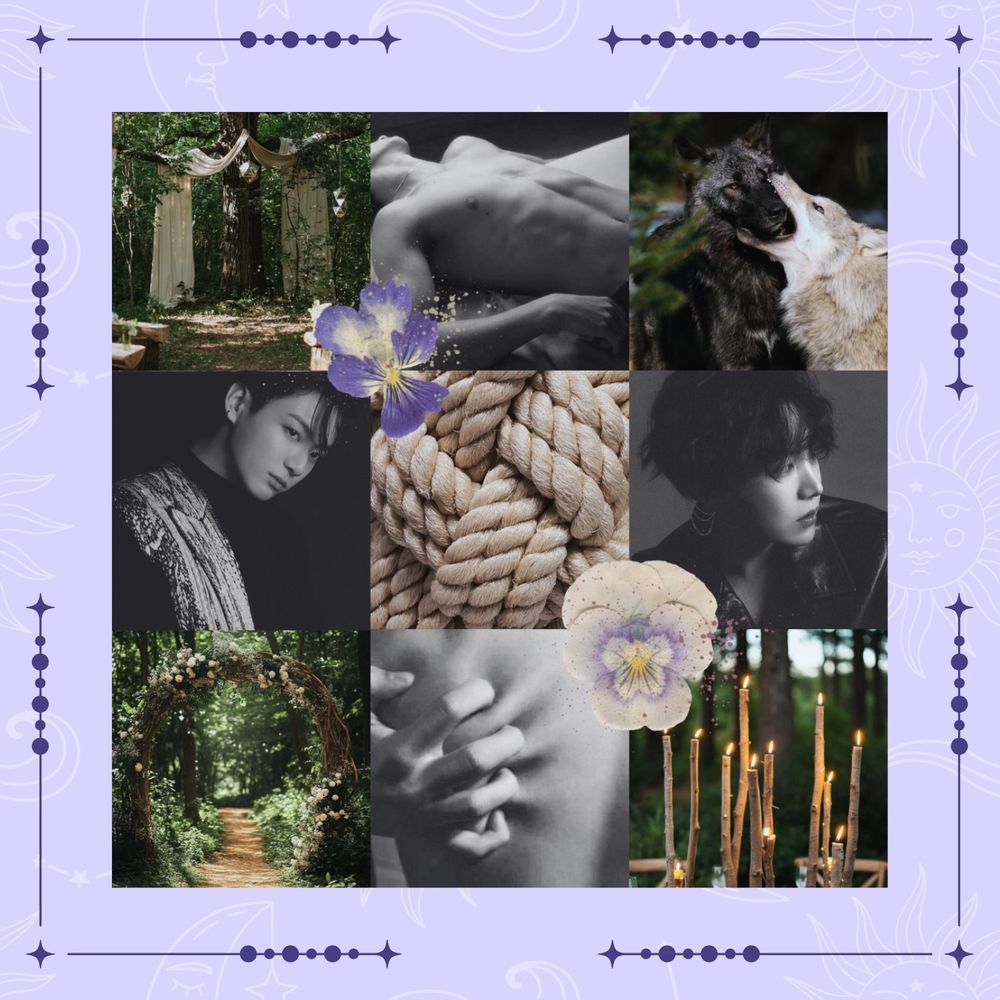 a 9 image moodboard

5 colour images: an alter in the forest, a large piece of white fabric draoped on some trees, two wolves the black one in the white ones jaws, wooden effect candles, and some knots.

4 bnw images: jungkook, hobi, a bare torso, and hands scratching a back