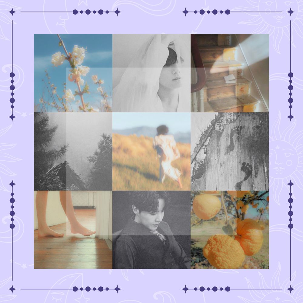 A 9 IMAGE MOODBOARD

4 black and white images: jungkook in all white holding some muslin over his face, hoseok in a black waistcoat and shirt looking down, footprints on a wooden floor, a forest with a pile of wood.

5 color images: honeysuckle, yuzu, a stairs with light shining onto it, bare feet walking on a wooden floor, and in the center, a main running barefoot through yellow graass in all white.