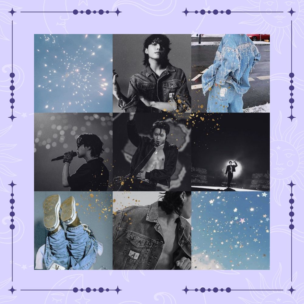 "A 9 image moodboard:

two images of a faded blue sky with clouds in one and falling metallic stars, and lens flare in the other that gives a prismic effect. Two images of Jungkook from the CK shoot, in black and white. Three images of Hoseok from live performances, two from HOTS and one from Lollapalooza. Two images focused on a person who's face is out of frame, wearing denim jeans and a denim jacket with various embellishments."
