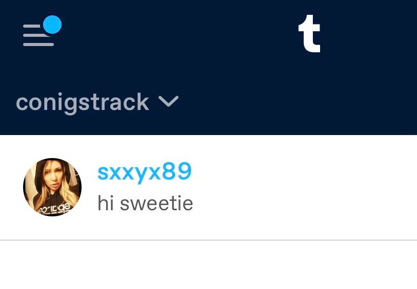 Tumblr message inbox showing a single unread message from a spam account “sxxyx89” 